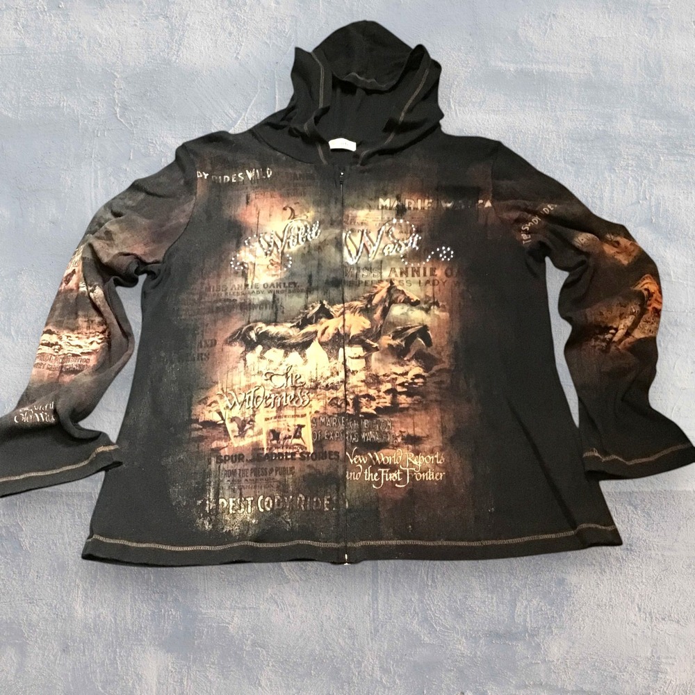 Wild West Graphic Rhinestone Hoodie Western Cowgirlcore Horse Full Zip Large